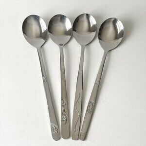 4 Vintage Korean Style Stainless Steel Long Handle Spoons Floral Bamboo Designs